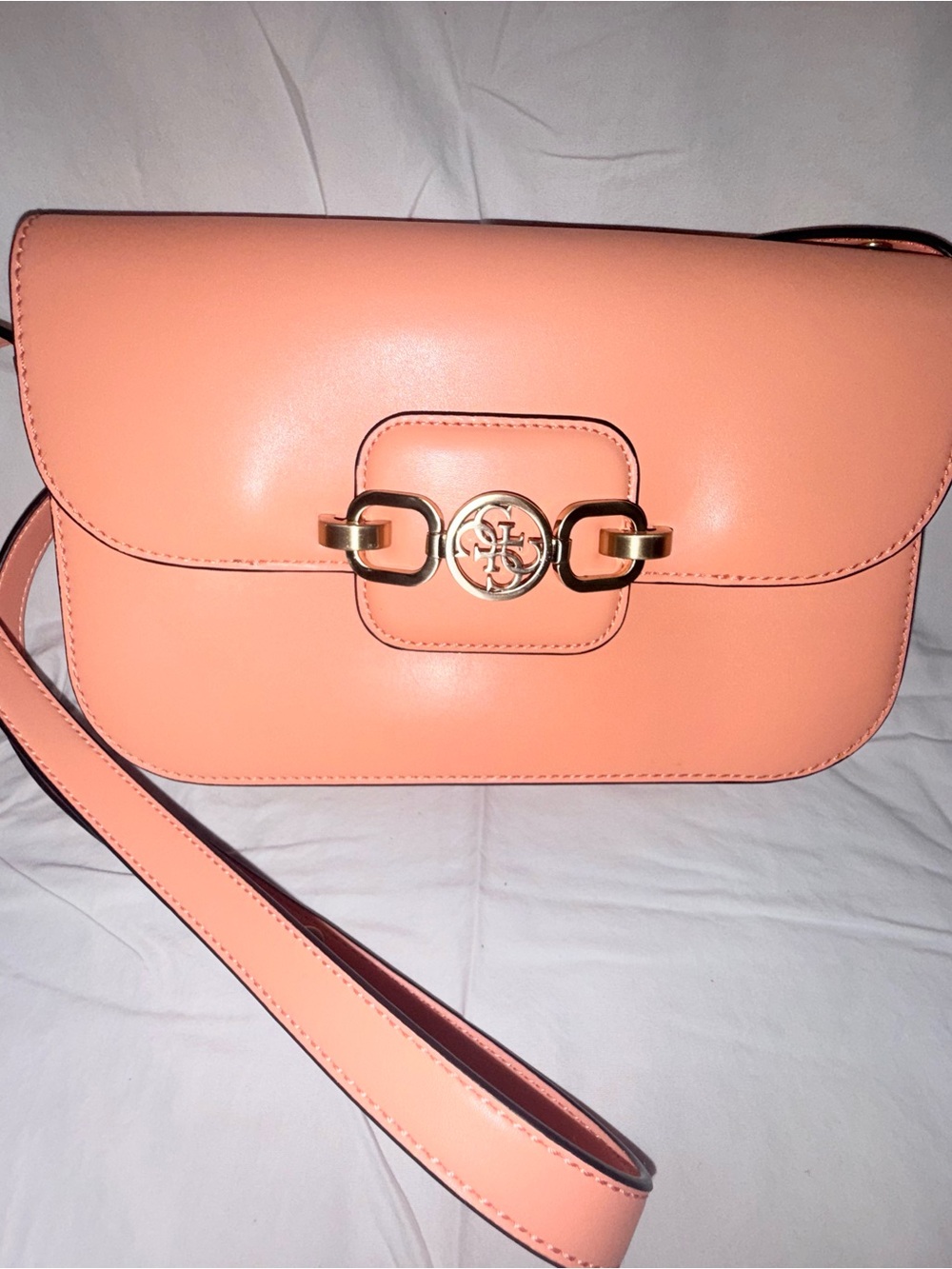 GUESS Coral-Peach Leather Crossbody with Gold Hardware